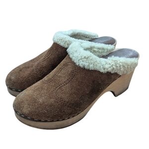 MIA Made in Sweden Leather Suede Shearling Wood Clogs size EU 38 US 7.5